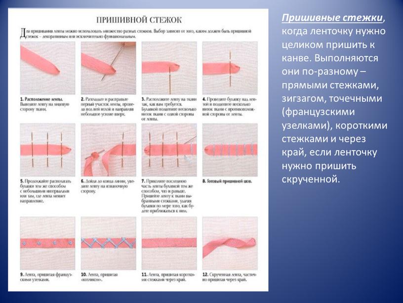 Пришивные стежки , когда ленточку нужно целиком пришить к канве