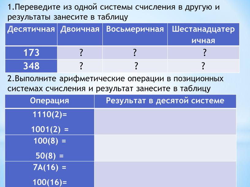 Переведите из одной системы счисления в другую и результаты занесите в таблицу