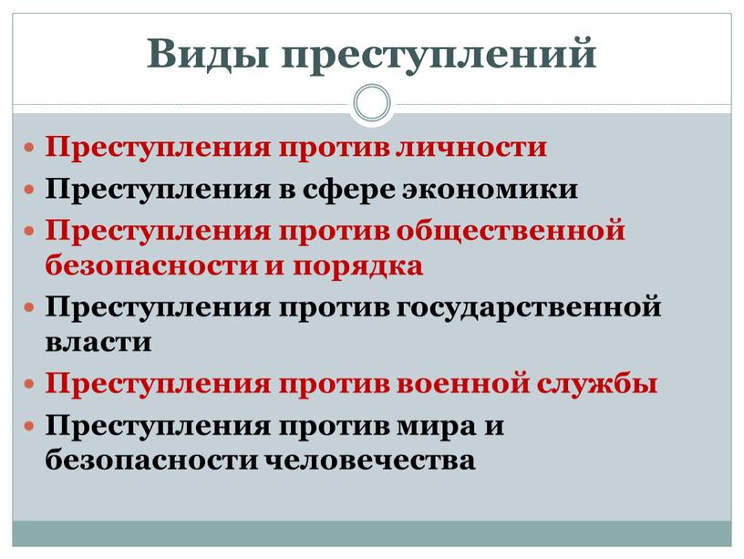 Виды преступлений Преступления против личности