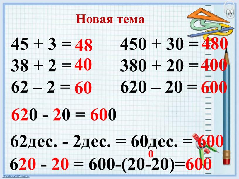 Новая тема 45 + 3 = 38 + 2 = 62 – 2 = 450 + 30 = 380 + 20 = 620 – 20…