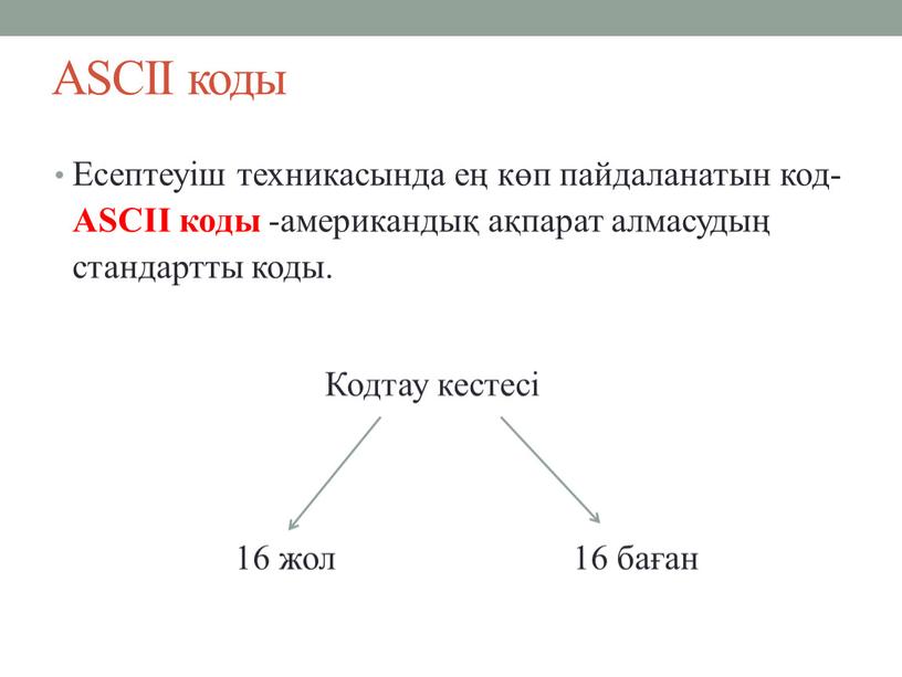 ASCII коды Есептеуіш техникасында ең көп пайдаланатын код-