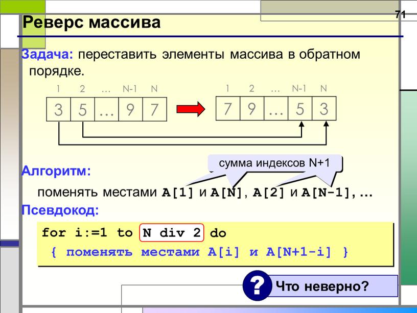 Реверс массива Задача: переставить элементы массива в обратном порядке