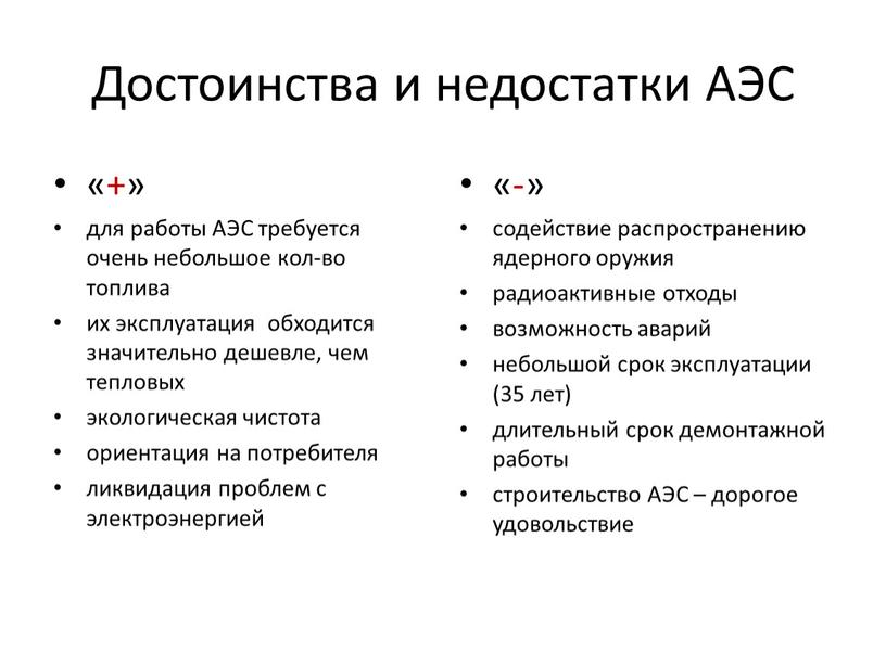 Достоинства и недостатки АЭС «+» для работы