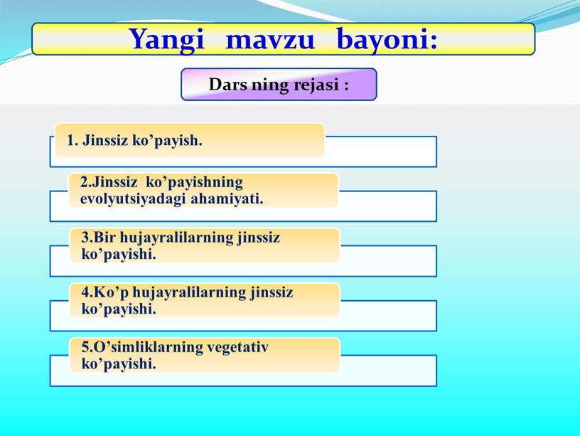 Dars ning rejasi : Yangi mavzu bayoni: