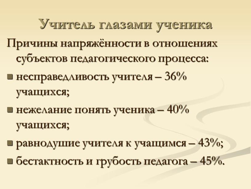 Учитель глазами ученика Причины напряжённости в отношениях субъектов педагогического процесса: несправедливость учителя – 36% учащихся; нежелание понять ученика – 40% учащихся; равнодушие учителя к учащимся…