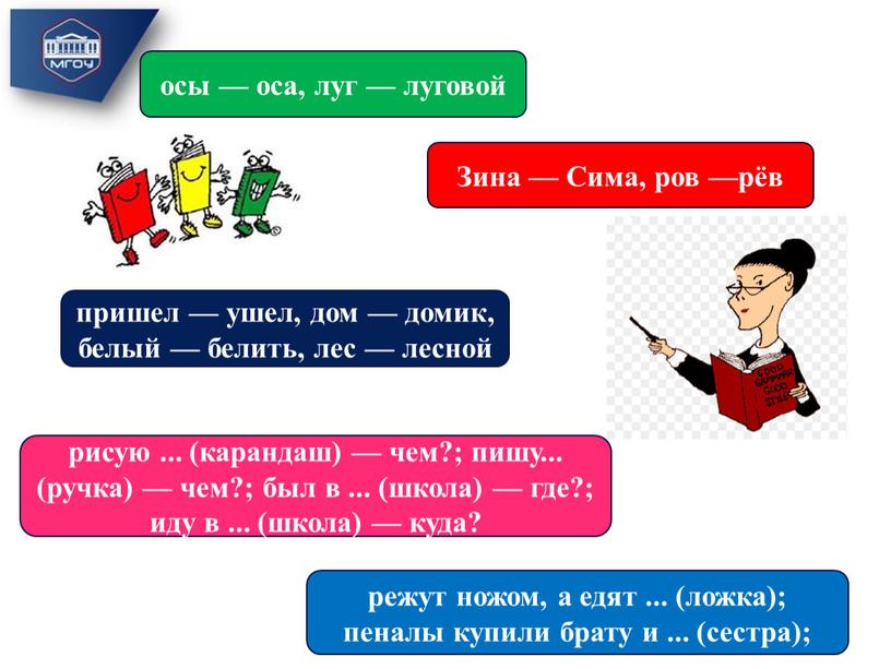 Зина — Сима, ров —рёв пришел — ушел, дом — домик, белый — белить, лес — лесной рисую