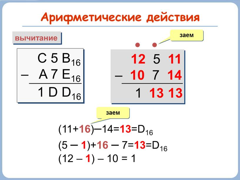 Арифметические действия вычитание