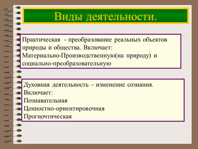 Виды деятельности. Практическая - преобразование реальных объектов природы и общества