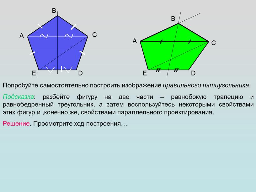 A B C D E Попробуйте самостоятельно построить изображение правильного пятиугольника
