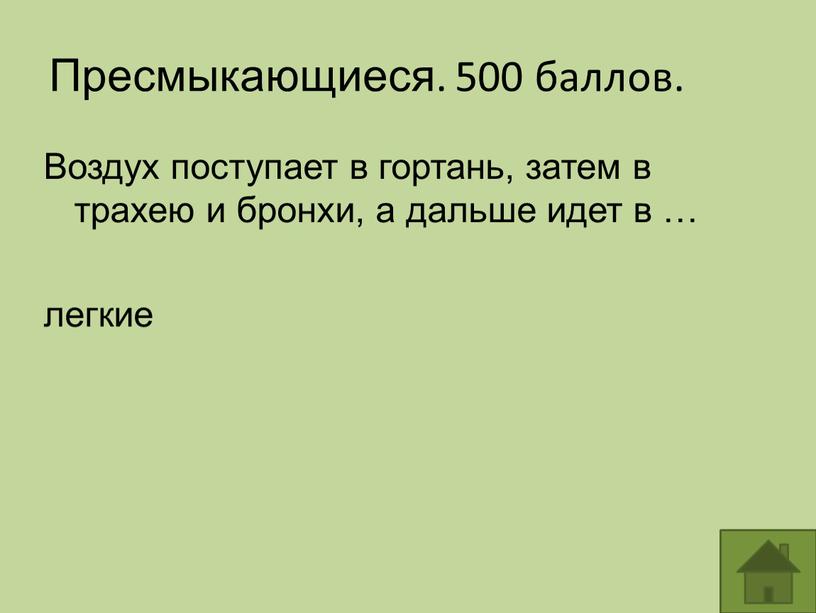 Пресмыкающиеся. 500 баллов. Воздух поступает в гортань, затем в трахею и бронхи, а дальше идет в … легкие