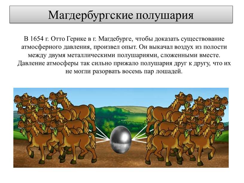 В 1654 г. Отто Герике в г. Магдебурге, чтобы доказать существование атмосферного давления, произвел опыт