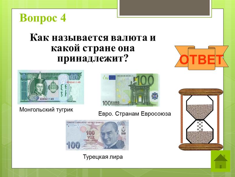 Вопрос 4 ОТВЕТ Как называется валюта и какой стране она принадлежит?