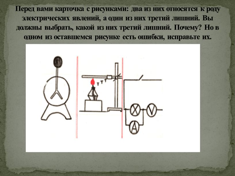 Перед вами карточка с рисунками: два из них относятся к роду электрических явлений, а один из них третий лишний