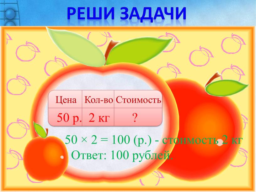 Реши задачи 50 × 2 = 100 (р.) - стоимость 2 кг