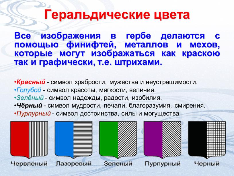 Геральдические цвета Все изображения в гербе делаются с помощью финифтей, металлов и мехов, которые могут изображаться как краскою так и графически, т