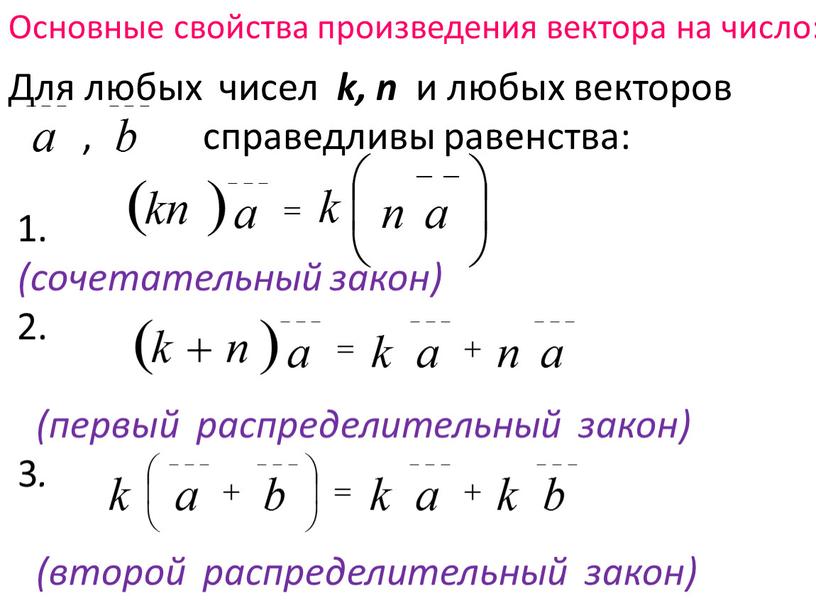 Для любых чисел k, n и любых векторов , справедливы равенства: 1