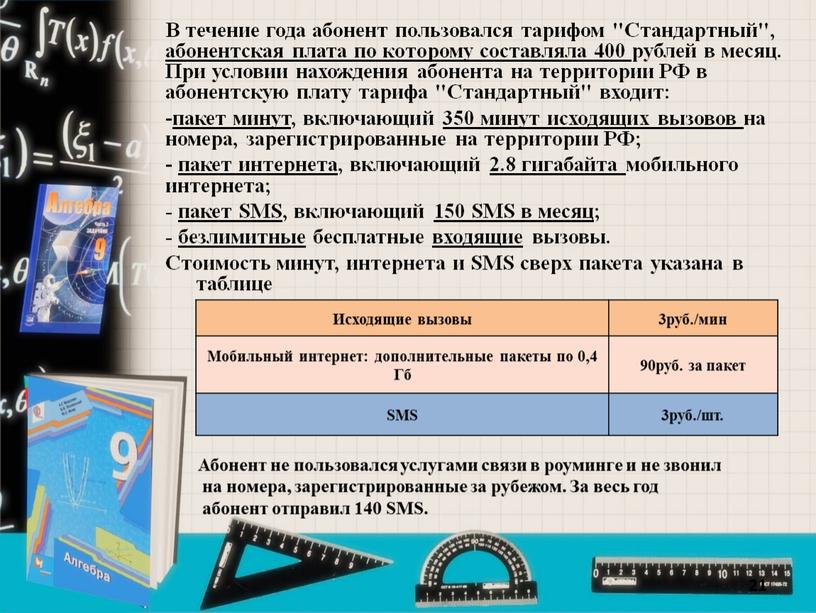 В течение года абонент пользовался тарифом "Стандартный", абонентская плата по которому составляла 400 рублей в месяц