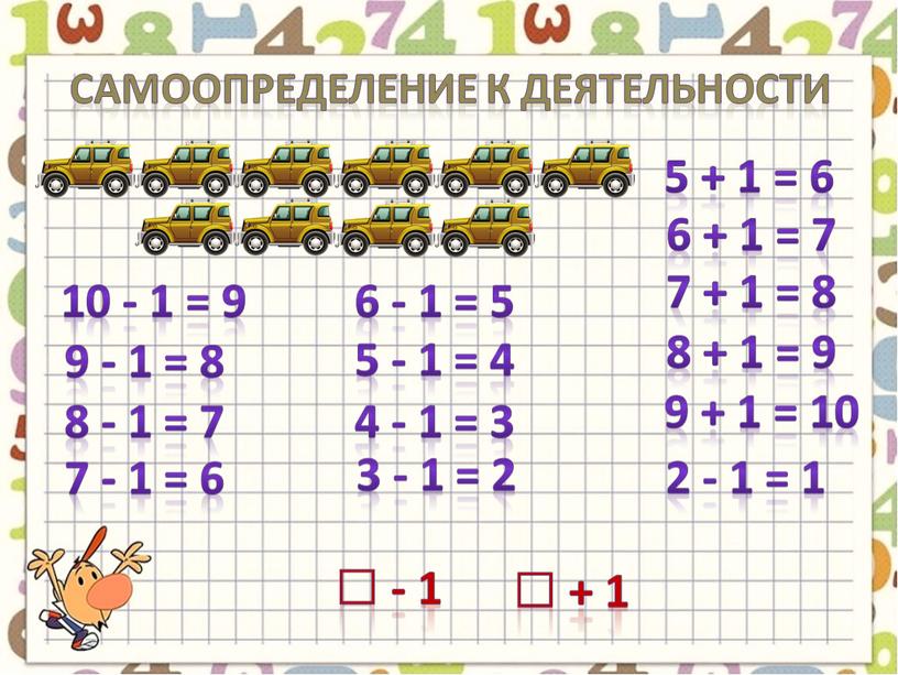 Самоопределение к деятельности 5 + 1 = 6 6 + 1 = 7 7 + 1 = 8 8 + 1 = 9 9 +…