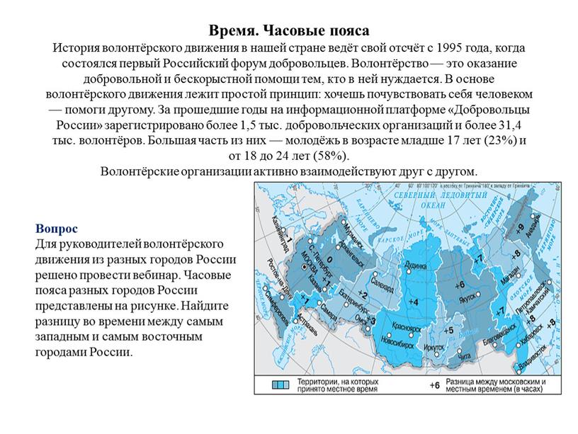 Время. Часовые пояса История волонтёрского движения в нашей стране ведёт свой отсчёт с 1995 года, когда состоялся первый