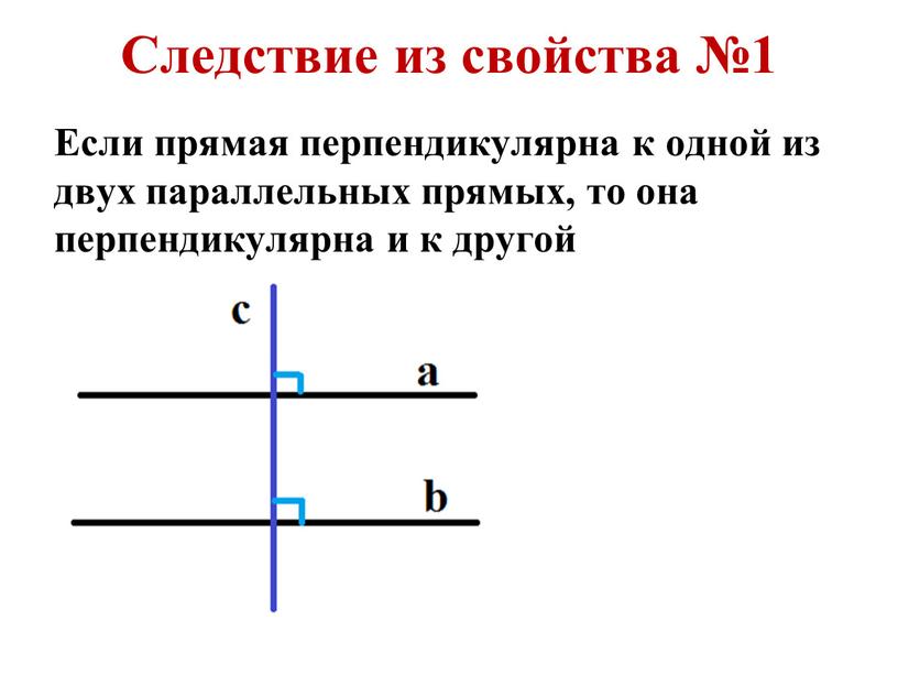 Следствие из свойства №1 Если прямая перпендикулярна к одной из двух параллельных прямых, то она перпендикулярна и к другой