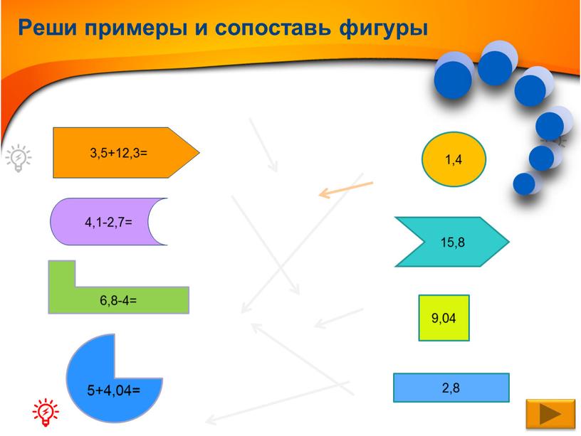 Реши примеры и сопоставь фигуры 2,8 1,4 15,8 9,04