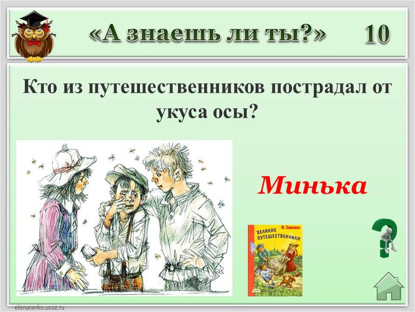 Минька Кто из путешественников пострадал от укуса осы? «А знаешь ли ты?» 10