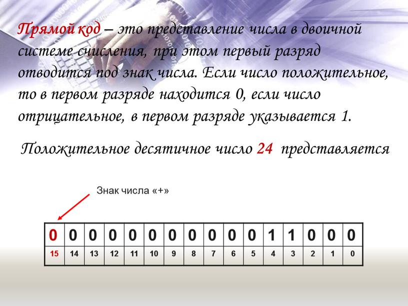 Прямой код – это представление числа в двоичной системе счисления, при этом первый разряд отводится под знак числа