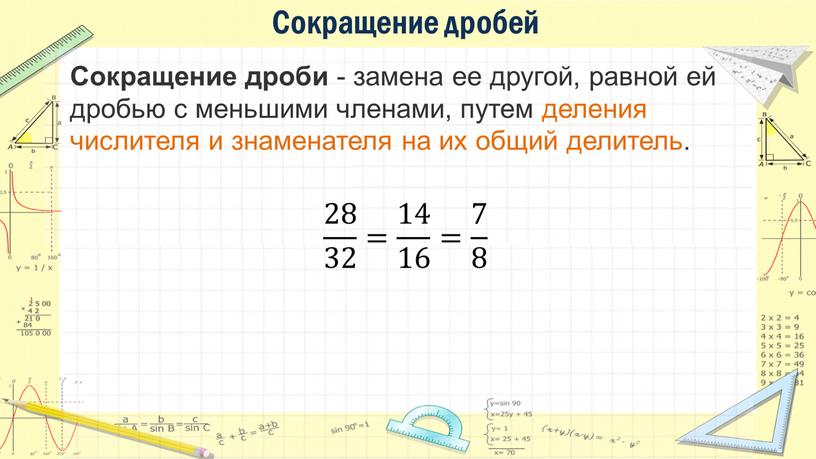 Сокращение дробей Сокращение дроби - замена ее другой, равной ей дробью с меньшими членами, путем деления числителя и знаменателя на их общий делитель