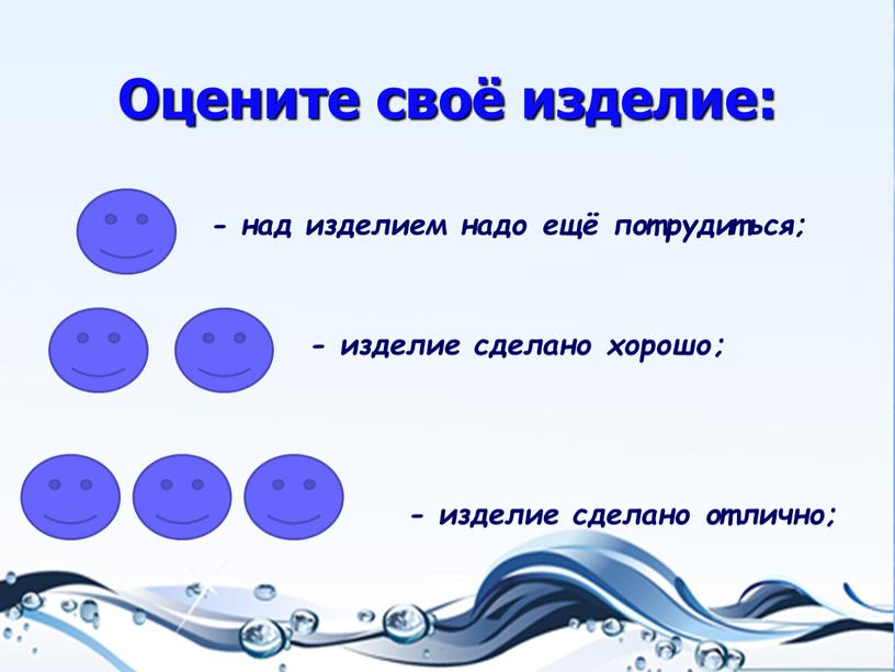 Оцените своё изделие: - над изделием надо ещё потрудиться; - изделие сделано хорошо; - изделие сделано отлично;