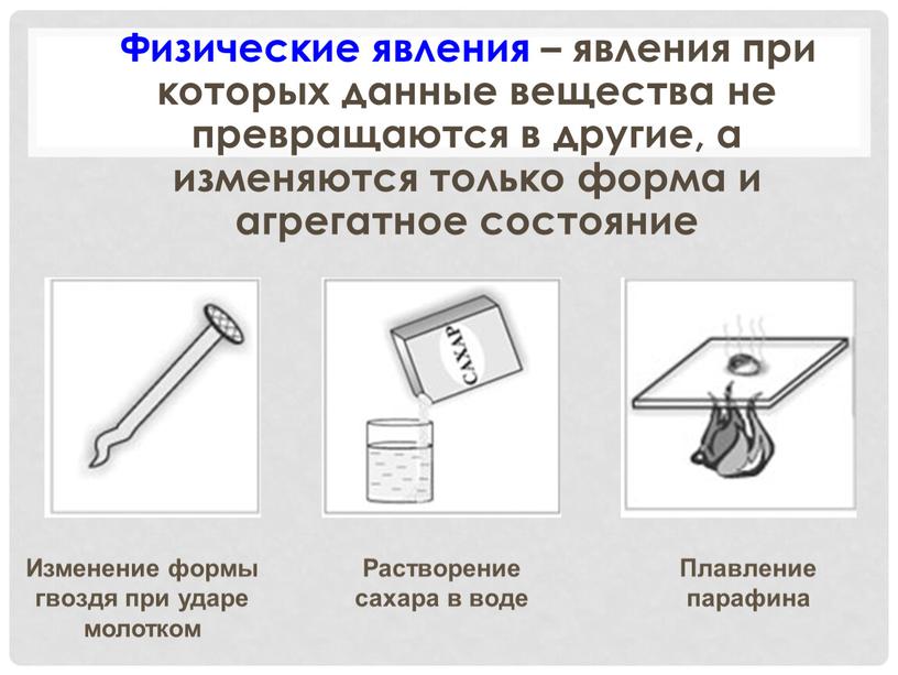 Физические явления – явления при которых данные вещества не превращаются в другие, а изменяются только форма и агрегатное состояние