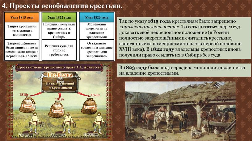 Так по указу 1815 года крестьянам было запрещено «отыскивать вольность»