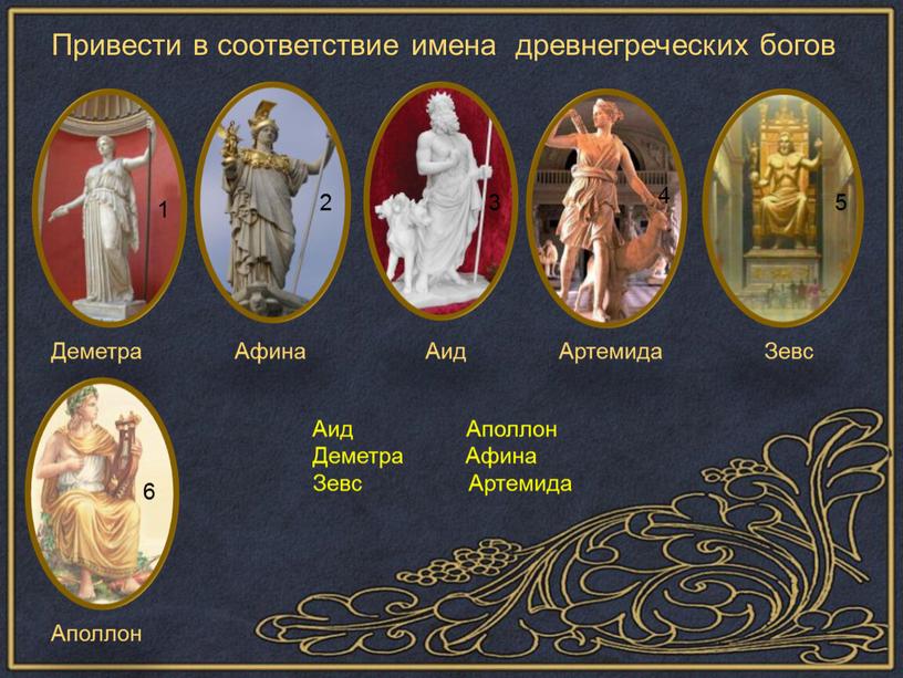 Привести в соответствие имена древнегреческих богов