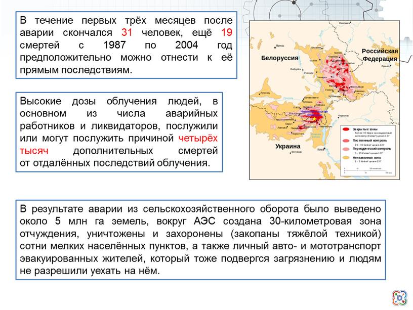 В течение первых трёх месяцев после аварии скончался 31 человек, ещё 19 смертей с 1987 по 2004 год предположительно можно отнести к её прямым последствиям