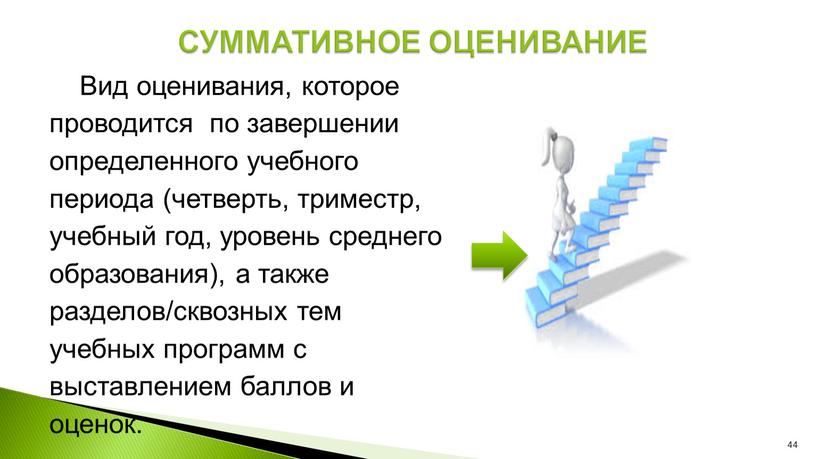 СУММАТИВНОЕ ОЦЕНИВАНИЕ 44 Вид оценивания, которое проводится по завершении определенного учебного периода (четверть, триместр, учебный год, уровень среднего образования), а также разделов/сквозных тем учебных программ…