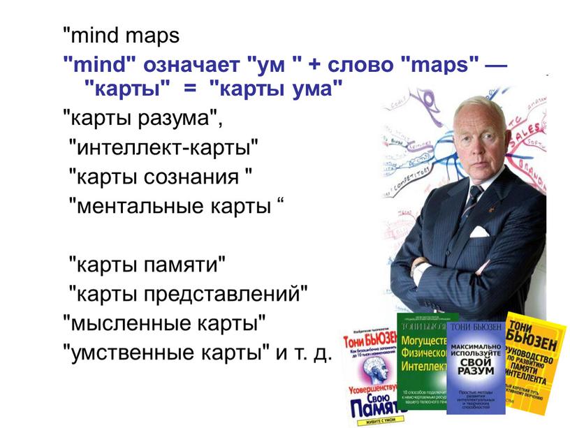 "mind maps "mind" означает "ум " + слово "maps" — "карты" = "карты ума" "карты разума", "интеллект-карты" "карты сознания " "ментальные карты “ "карты памяти"…