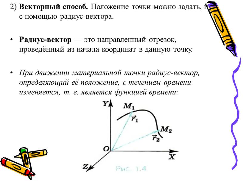 Векторный способ. Положение точки можно задать, и с помощью радиус-вектора