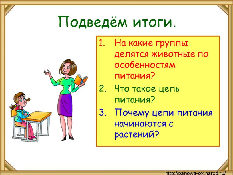 Подведём итоги. На какие группы делятся животные по особенностям питания?