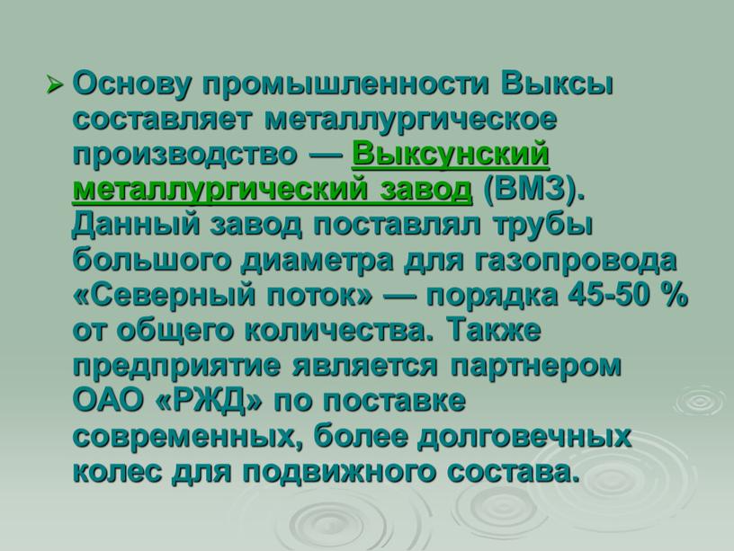 Основу промышленности Выксы составляет металлургическое производство —