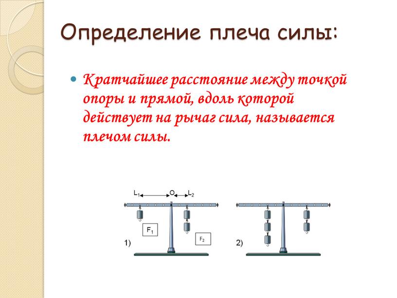 Определение плеча силы: Кратчайшее расстояние между точкой опоры и прямой, вдоль которой действует на рычаг сила, называется плечом силы