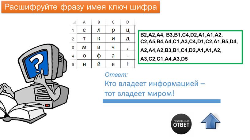 Расшифруйте фразу имея ключ шифра