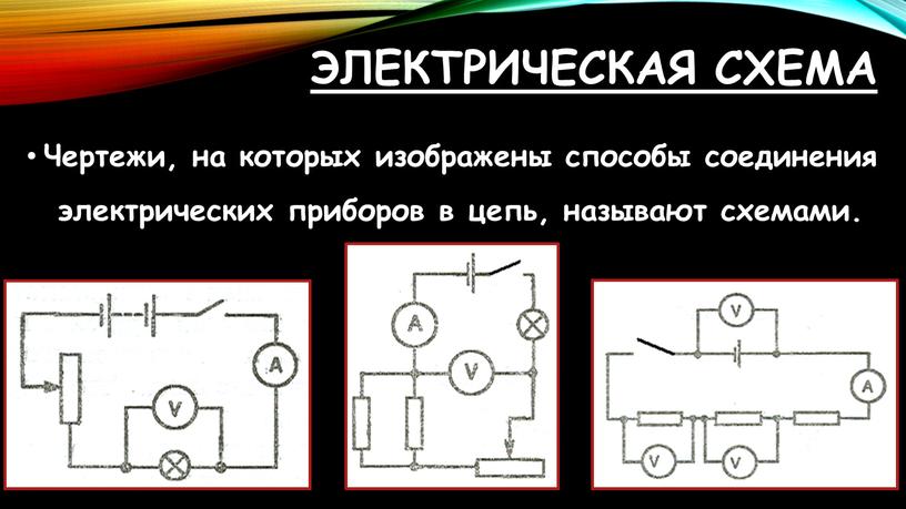 Электрическая схема Чертежи, на которых изображены способы соединения электрических приборов в цепь, называют схемами