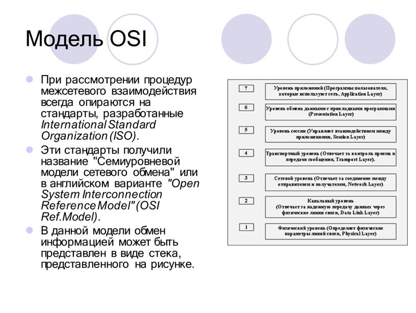 Модель OSI При рассмотрении процедур межсетевого взаимодействия всегда опираются на стандарты, разработанные