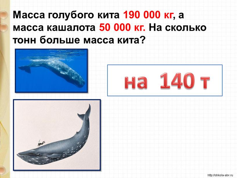 Масса голубого кита 190 000 кг, а масса кашалота 50 000 кг