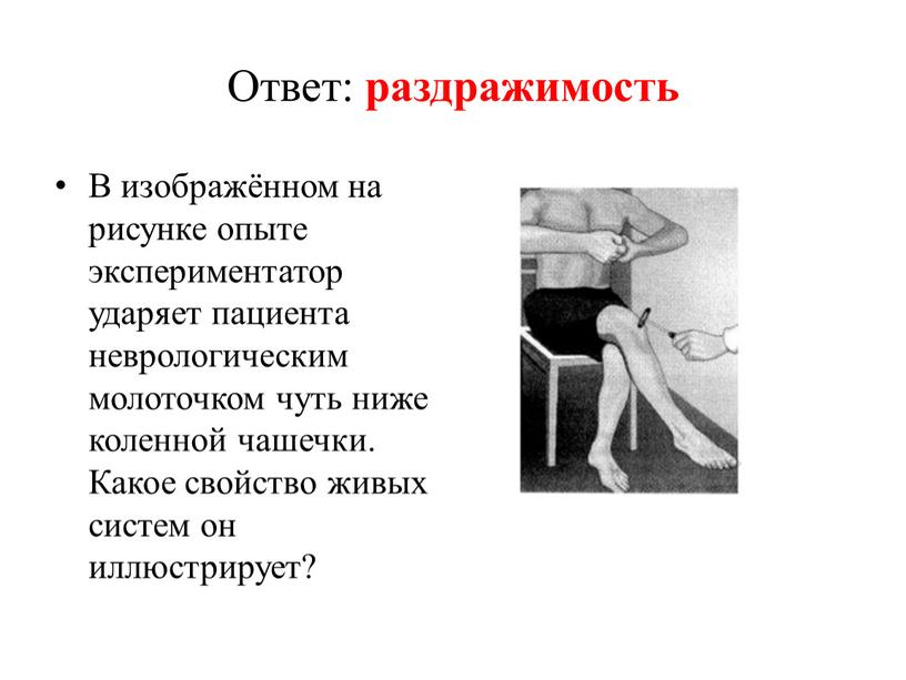 Ответ: раздражимость В изображённом на рисунке опыте экспериментатор ударяет пациента неврологическим молоточком чуть ниже коленной чашечки