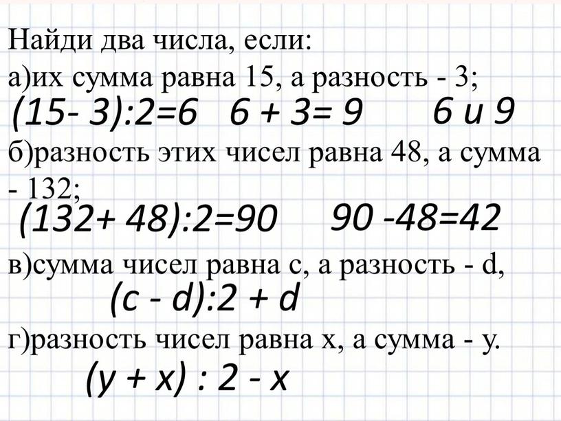 Найди два числа, если: а)их сумма равна 15, а разность - 3; б)разность этих чисел равна 48, а сумма - 132; в)сумма чисел равна с,…