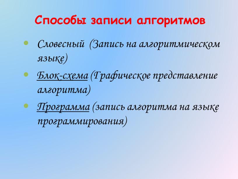 Способы записи алгоритмов Словесный (Запись на алгоритмическом языке)