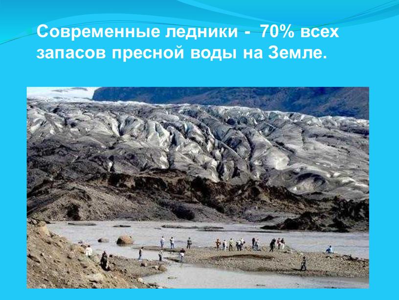 Современные ледники - 70% всех запасов пресной воды на