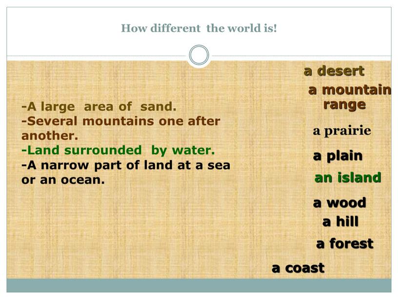 How different the world is! a prairie a coast a desert an island a plain a hill a mountain range a forest a wood -A…