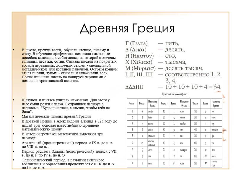 Древняя Греция В школе, прежде всего, обучали чтению, письму и счету