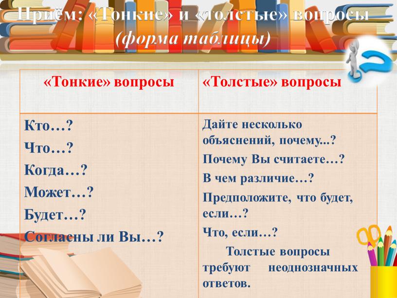 Приём: «Тонкие» и «толстые» вопросы (форма таблицы) «Тонкие» вопросы «Толстые» вопросы